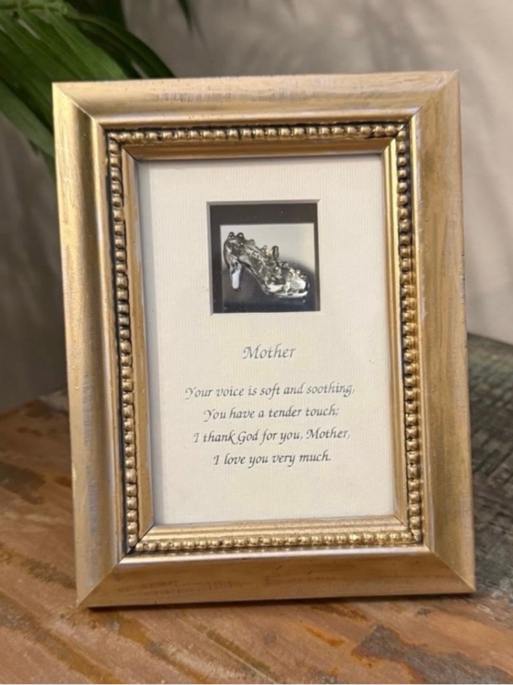 Mother Glass Slipper Shadow Box Frame Poem. Brushed Gold.
